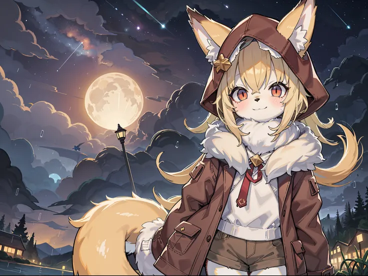 Shota the fox,hairy pubic,shaggy,Skin fur,Golden fur,Golden yellow face fur,Short straight blonde hair,Eyes have light,Red eyes,Brown elements on fur,Brown coat brown hood up,Star pattern white top,brown shorts,Beautiful lights and shadows,Ambient light,Ul...
