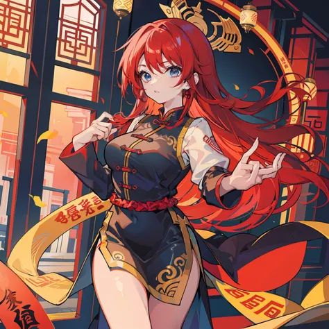 Young woman cheongsam illustration, masutepiece, Fine details, 4K, 8K, 12K, Solo, 1 person, Beautiful Girl, caucasian female, 20 years old, Red Bell,Boken Meilin 、Red hair, Long hair, Green cheongsam、Slit in clothes