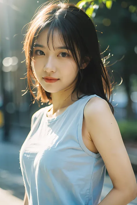 Best Quality, Masterpiece, Ultra High Resolution, (Realistic: 1.4), Original Photo, Official Art, Wallpaper, Bust Photo, Skin, Simple Background, Black Eyes, Details, 1 Girl, Light Blue T-Shirt, Breeze, Sunshine, Shy Face, Water Mist, Studio light,