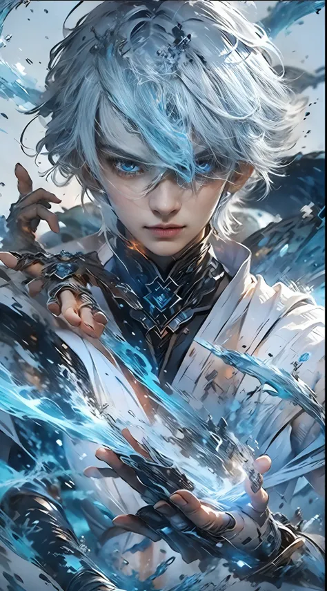 a high resolution，high detal，8k，独奏，（a boy:1.9），cool guy，high-definition face，messy short silver-white hair and medium white hair...