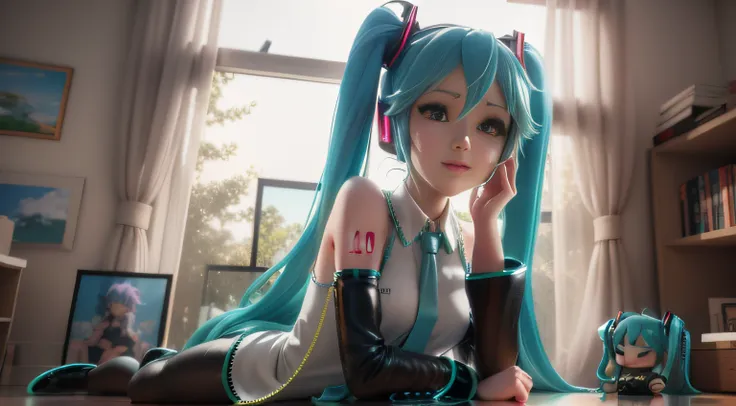 on the windowsill sat a blue-haired woman, trending on cgstation, hatsune miku cosplay, os amigos, sakimichan hdri, mikudayo, re...