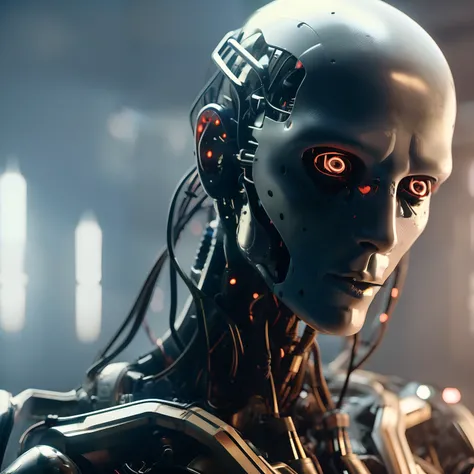 a hand humanoid robot biomechanical with wires and a light cold on its face and neck, in a dark room in a dark room with a red light behind him, Cedric Peyravernay, unreal engine 5 highly rendered, cyberpunk art, les automatistes, raw photo of detailed...