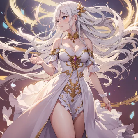 Illustrate an anime girl with flowing hair, adorned in an elegant gown, and surrounded by a soft glow of magic, white hair, full body shot