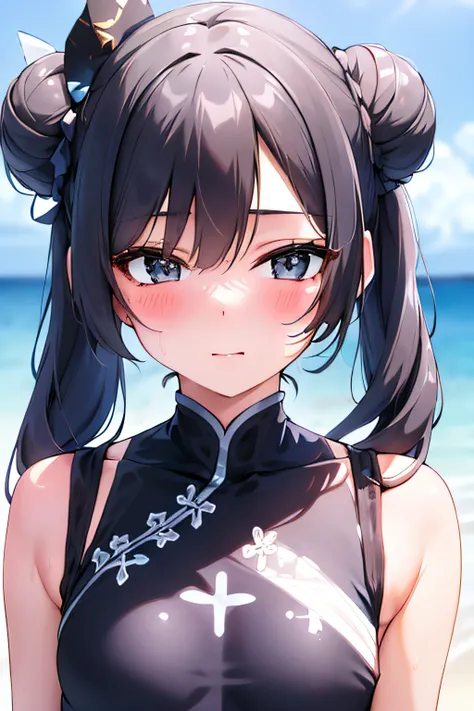 1girl,  beach,bikini,blush,colorful theme, (best quality, high quality, high resolution), realistic, ultra-detailed, highly detailed face features, absurdres,  realistic lighting and reflections, highly detailed face features, see through shirt, best photo...