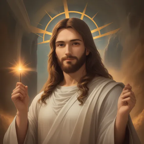 a 3d realistic of jesus with a halo in the sky, jesus christ, smiling in heaven, portrait of jesus christ, jesus face, 33 young ...