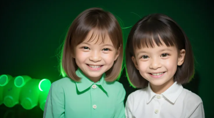 Estilo moderno, fundo branco, childrens identification photo, bonito, menina sorridente, olhos escuros, cabelo curto, gravata borboleta, claro, de alta qualidade, soft green lights in childrens hair.