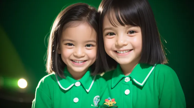 Estilo moderno, fundo branco, childrens identification photo, bonito, menina sorridente, olhos escuros, cabelo curto, gravata borboleta, claro, de alta qualidade, soft green lights in childrens hair.