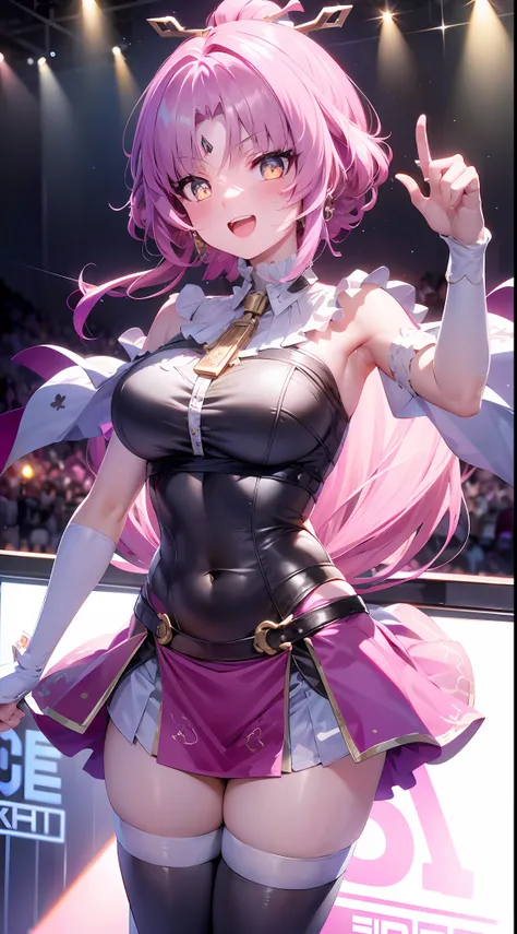 (tmasterpiece:1.2),Best quality at best,perfect anatomia,The is very detailed,1girll,Solo, A high resolution,absurderes,tmasterpiece,looking at viewert,Character Spotlight,A pink-haired,Golden eyes,short skirt,singers,Stage,There are lights on it,Hold the...