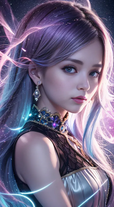 Background: Mysterious quantum environment, Cosmic elements and ethereal atmosphere,A mix of bright lights and colorful nebulae. Theme: A mysterious girl with a magical aura. She has long, Colorful wavy curls, The shiny hair stands out. His eyes are deep a...