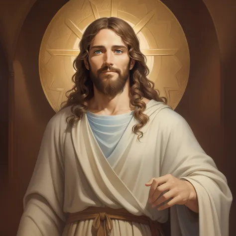 a beautiful ultra-thin realistic portrait of jesus, the prophet, a man 34 years old hebrew brunette, short brown hair, long brow...