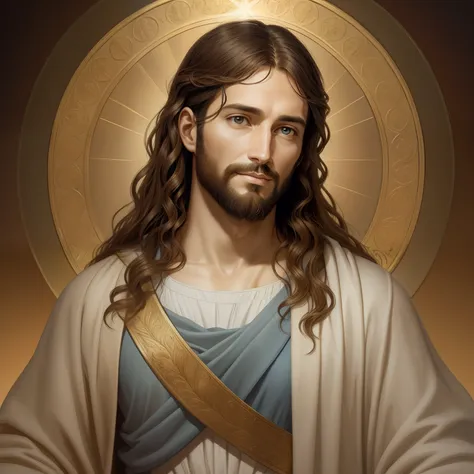 a beautiful ultra-thin realistic portrait of jesus, the prophet, a man 34 years old hebrew brunette, short brown hair, long brow...