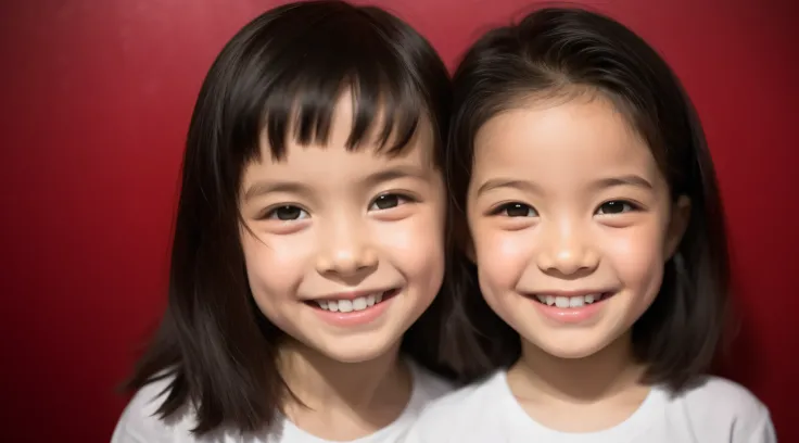 Estilo moderno, fundo branco, childrens identification photo, bonito, menina sorridente, olhos escuros, cabelo curto, gravata borboleta, claro, de alta qualidade, soft RED lights in childrens hair.