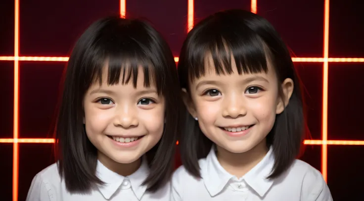 Estilo moderno, fundo branco, childrens identification photo, bonito, menina sorridente, olhos escuros, cabelo curto, gravata borboleta, claro, de alta qualidade, soft RED lights in childrens hair.