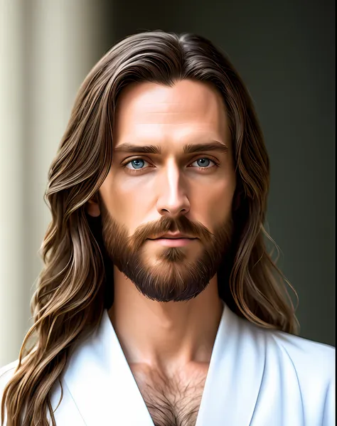 (symmetry),centered,a ((close)) up portrait,(jesus),a very thin white man with long hair and a beard,wearing a long white robe,3...