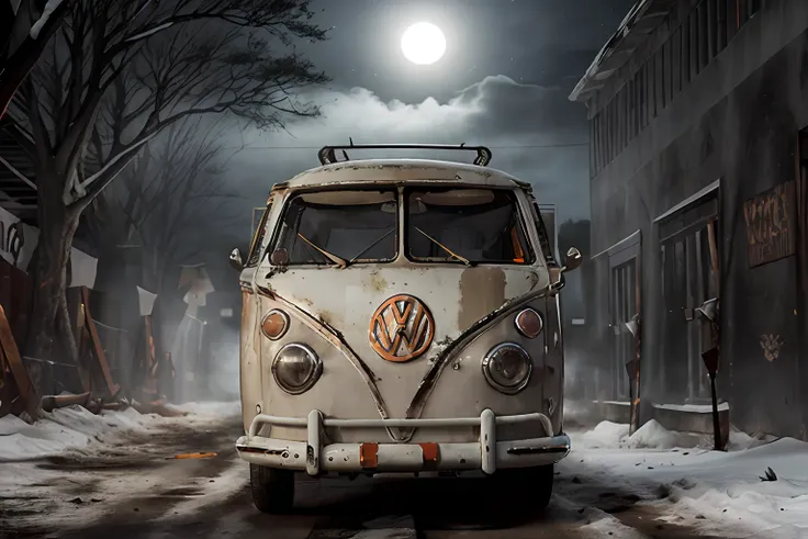 analog gloomy photo of an (orange) volkswagen kombi,  ((haunted house:1.0)), (walking dead:1.0), zombie apocalypse, (abandoned t...