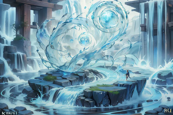 water technique，water control，carrying water，(((water ripple)))，crystal sphere，magical circle，magic orb，water bloom，waterfallr，o...