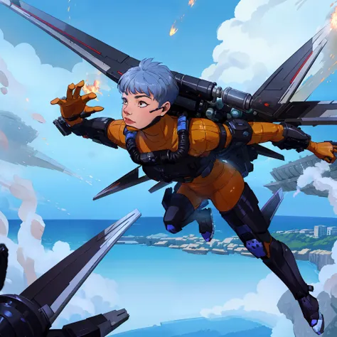 valkyrie (apex legends) flying in the sky with fire coming out of her wings