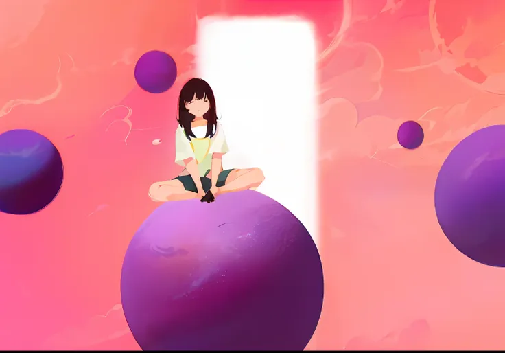 there was a girl sitting on a ball, woman sitting in space, soft anime illustration, sitting on a moon, floating beside planets,...