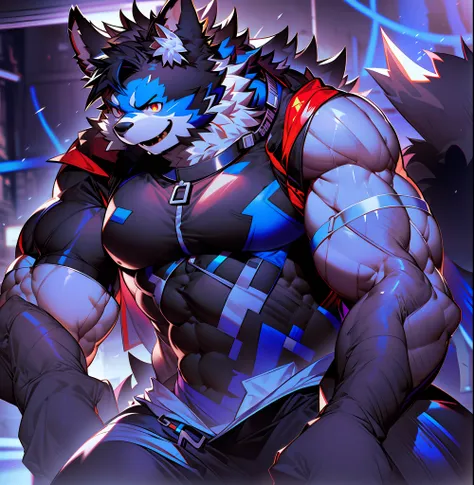 coyote，furry，blue pattern，black hair，musculature，muscle men，nakeness，strong，ultraclear，has a large ，collar，black  shorts，black s...