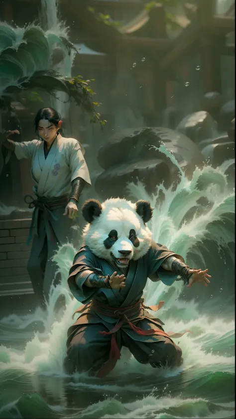 a chinese martial arts scene featuring a panda controlling water with kung fu and tai chi, with splashing water, waves, and magi...