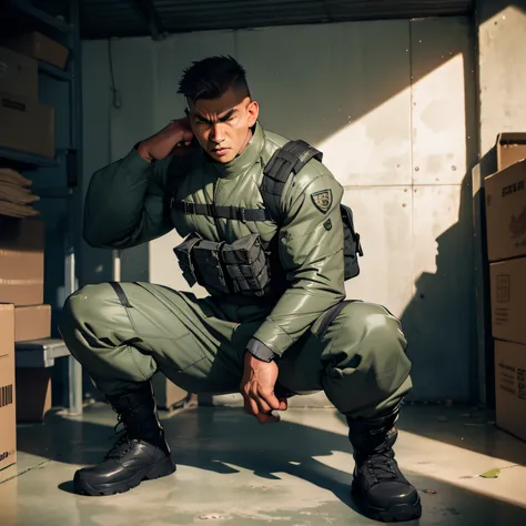 miltary, brave image,combat posture,校服, precise detail, tense atmosphere, barracks scene，musculature，tough guy，boots。