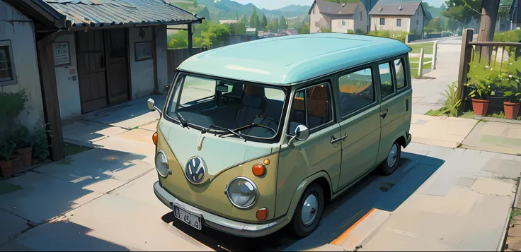 (((melhor qualidade))), realista, authentic, beautiful and amazing garage with a volkswagen kombi oil painting --v6