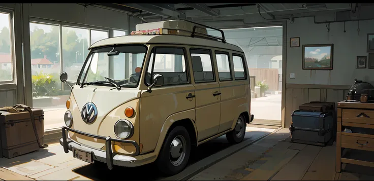 (((melhor qualidade))), realista, authentic, beautiful and amazing garage with a volkswagen kombi oil painting --v6