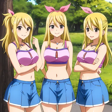 lucy heartfilia, 3girls, trio, triplets, clones, blonde hair, brown eyes, long hair, earrings, jewelry, smile, ribbon, hair ribb...