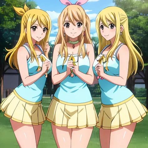 lucy heartfilia, 3girls, trio, triplets, clones, blonde hair, brown eyes, long hair, earrings, jewelry, smile, ribbon, hair ribb...