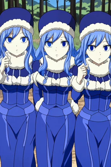 masterpiece, best quality, highly detailed, highres, hdr, 3girl, trio, triplets, clones, (Juvia_Lockser)++ in the forest, trees, blue eyes, long hair, hat