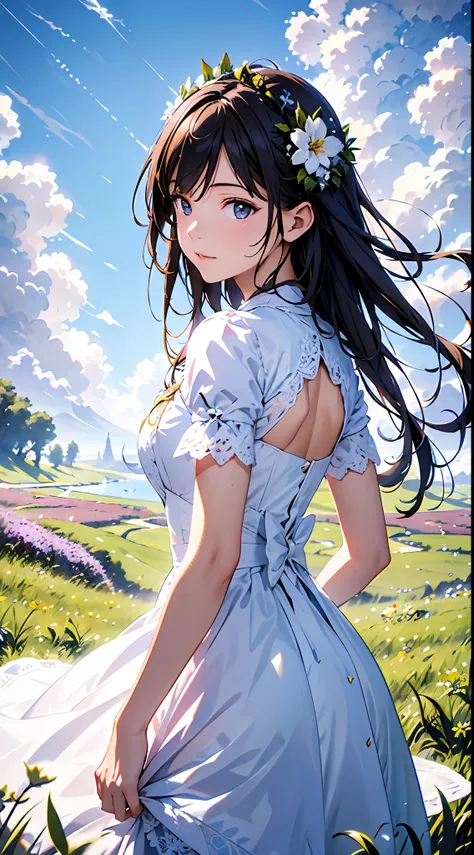 blue sky and clouds in background, wears a white dress，purple lace，there are flowers on it, art germ, rosla global lighting, a d...