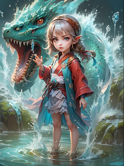 q version 3 years old（red robe：1.4）baby girl standing in front of a transparent blue water dragon，crystal-clear，eau，water flowin...