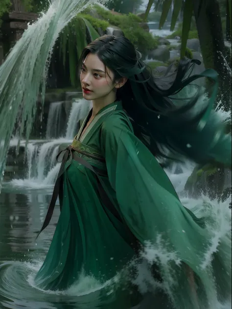 best picture quality, masterpiece, super high resolution, legendary plot, jade water tree, girl solo, dark green long hair, floa...