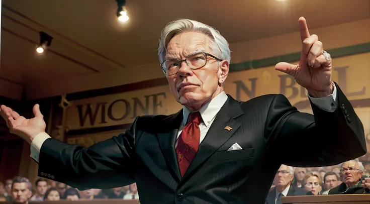 warren buffet flexing like arnold schwarzenegger in front of a crowd