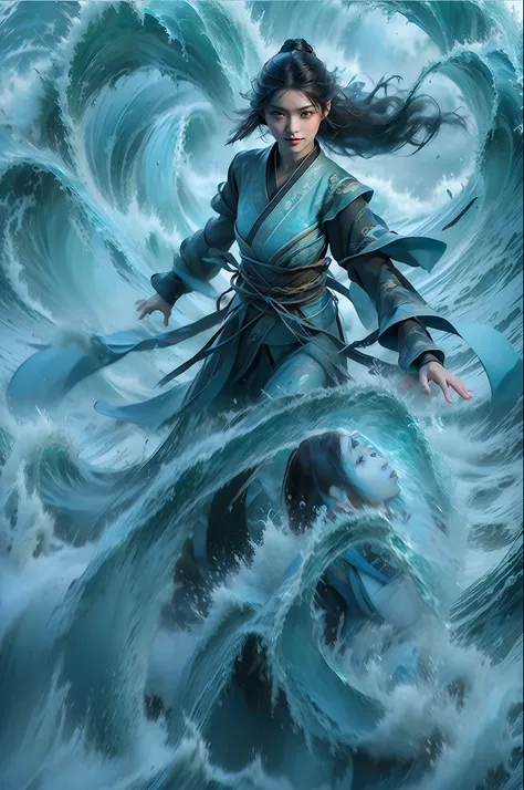 best quality,masterpiece,ultra high res,,yushuishu,1girl,solo,black hair,water,waves,lips,full body,hanfu，