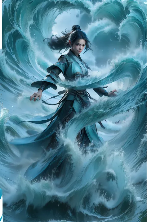 best quality,masterpiece,ultra high res,,yushuishu,1girl,solo,black hair,water,waves,lips,full body,hanfu，