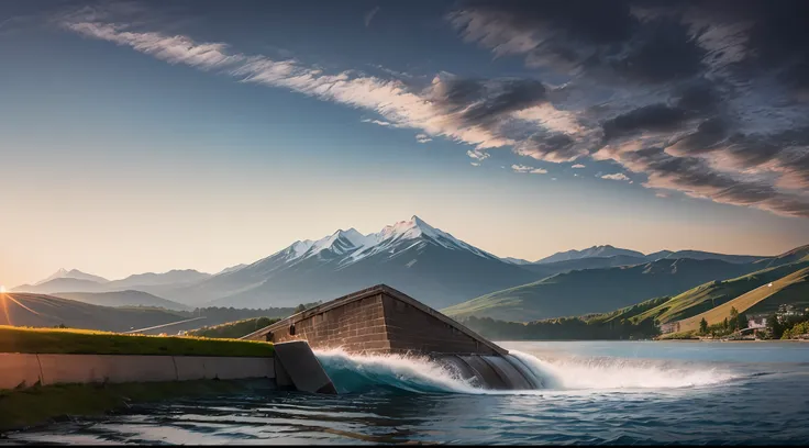 (a lake with a water dam, control water, waves.) mountains behind it, a sunset landscape, a rock in front, a boat, canon 50m len...