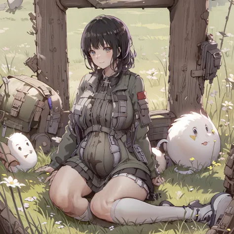 black hair, pregnant belly, white stockings, army suit, sit on grass, one-girl, sexy mature, ssmile, anime comic style, 8k, supe...