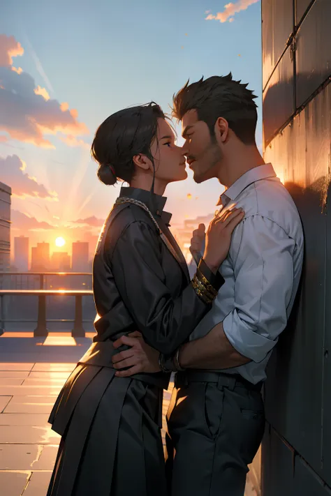 campus rooftop，2 male teachers kissing, handsome, strong，the setting sun，chain railings，tmasterpiece，best picture quality，highly...