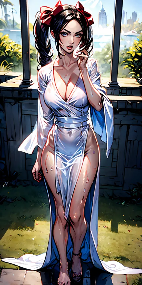 Super sexy Full body art work of Megan Fox as any female fighting character in Marvel vs Capcom style, wearing a very very very almost invisible translucent robe, soaking wet, hair in pig tails with red bows, turned on look on her face, sensually touching ...