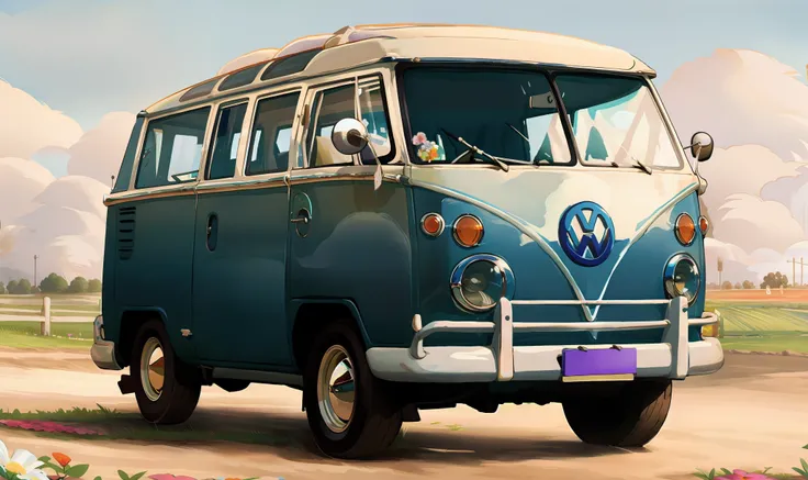 a highly detailed digital painting of a blue and white kombi parked on a flowery plain, vw, medium shot front profile, new vehic...