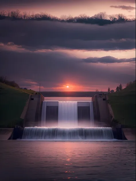 (a lake with a big water dam, control water, waves.) a sunset landscape, a boat, canon 50m lens effect, focused gaze in the midd...