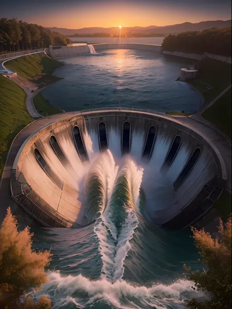 (a lake with a big water dam, control water, waves.) a sunset landscape, a boat, canon 50m lens effect, focused gaze in the midd...