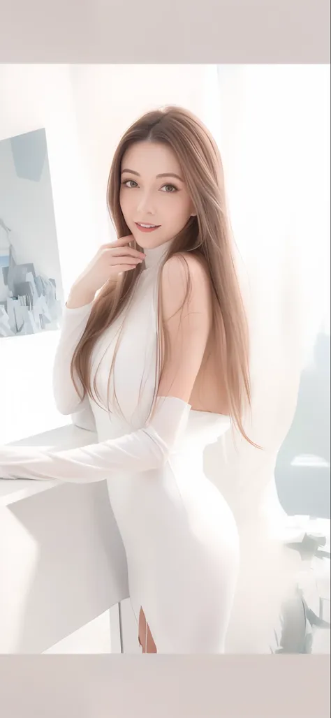 a close-up of a woman in a white dress posing for a photo, smooth white tight clothes suit, wearing white clothes, wearing tight...