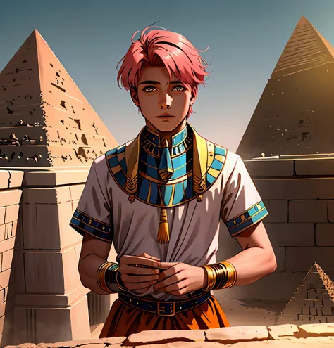 a 15-year-old boy with short pink hair is a man who has honey-colored eyes of this white hanging at the bottom of ancient egypt ...