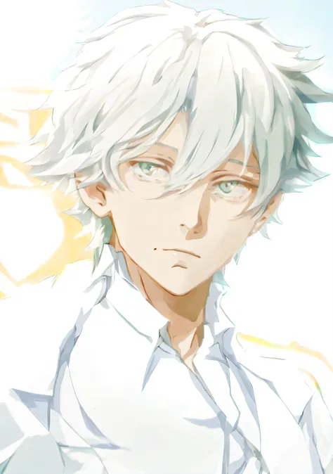 anime boy with green eyes and white hair, vector shaded anime, detailed anime soft face, young anime man, he has dark grey hairs...