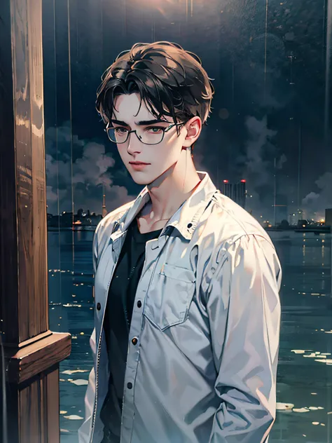 a teenager male, black hair, wear glasses, shirt, pants, dark night, heavy rain, lake, fog, lonely, eye reflection, streaming tears, panorama, ray tracing, reflection light, chiaroscuro, cinematic lighting, depth of field, masterpiece, best quality, high d...