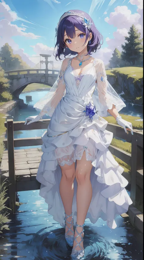 head gear,Gem Necklace,(white dresses,Purple lace),Long-sleeved lace gloves,Crystal heels,Fantasy art,with blue sky and white clouds,small bridge flowing water,