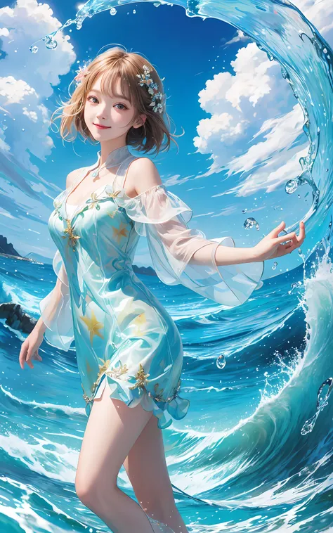 （masterpiece）ultra-high quality detailed illustrations，fresh and transparent girl wearing glass clothes，is smiling happily，arm s...