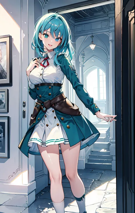 (SFW), masterpiece, best quality, highres 64k, professional artwork, famous artwork, clean, cinematic lighting, heterochromia eyes + beautiful eyes + detail, beautiful hair + detail, multicoloured hair (Blue and green), (sexy young female body:1.4), ( med...